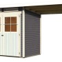 Karibu Holz-Gartenhaus Egersund, terragrau, mit Pultdach und Anbau. Gartenhaus mit Doppeltür.