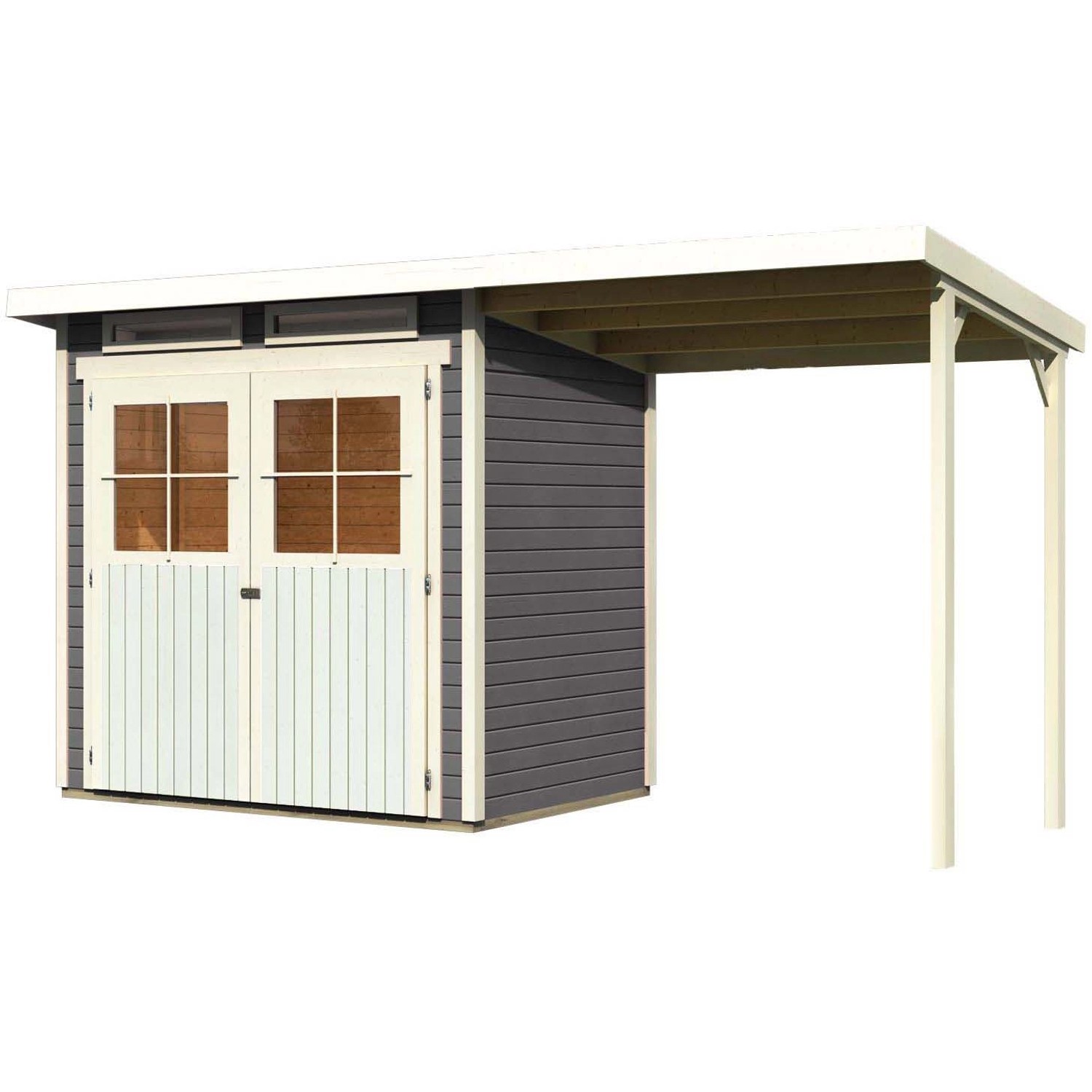 Karibu Holz-Gartenhaus Egersund, terragrau, mit Pultdach und Anbau. Gartenhaus mit Doppeltür.