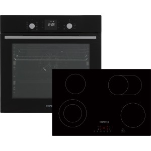 Schwarzes Respekta Herdset Ned + Benjamin mit Backofen und Glaskeramikkochfeld.