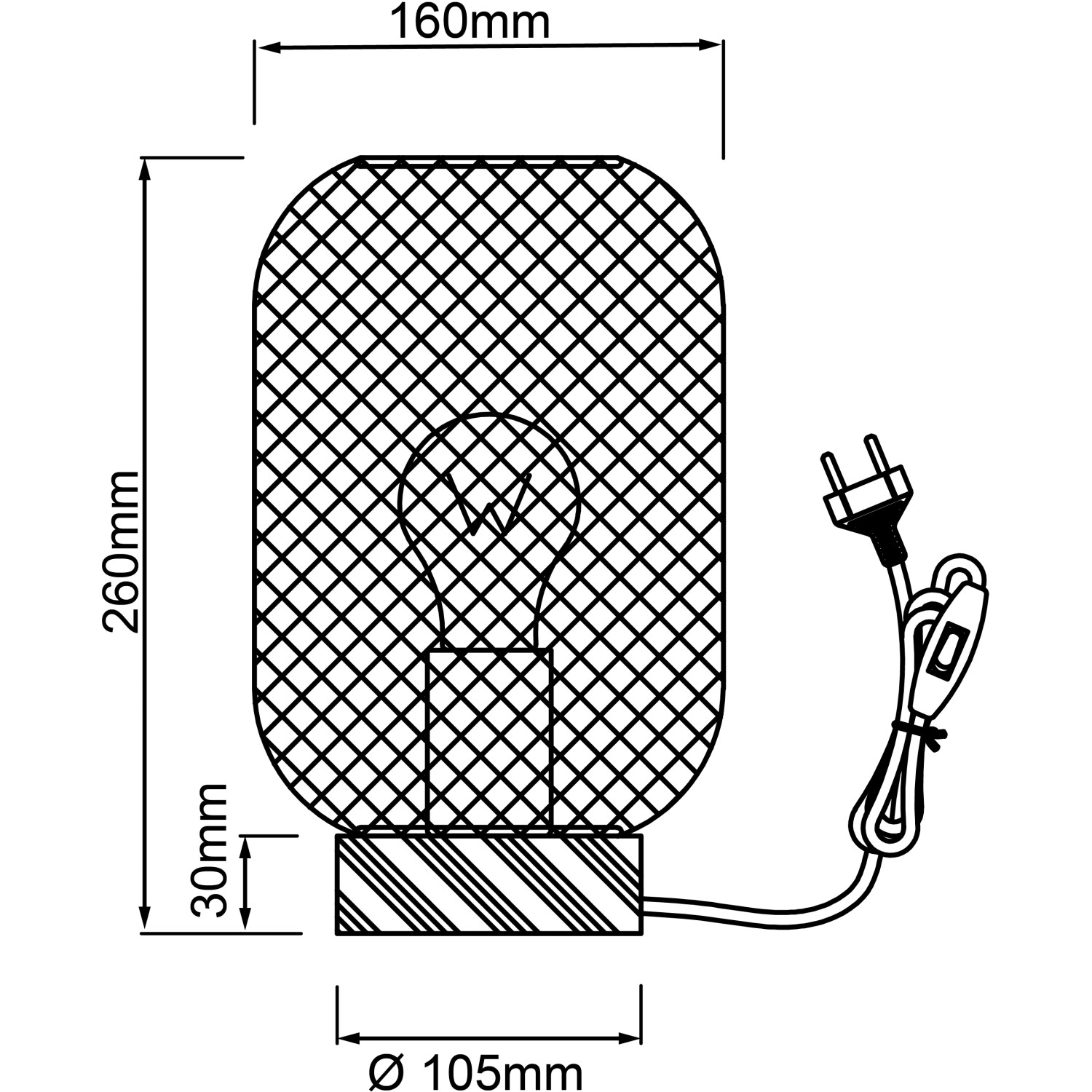 Skizze der olivgrünen Brilliant Giada Tischleuchte mit Metallgitter und Maßen.