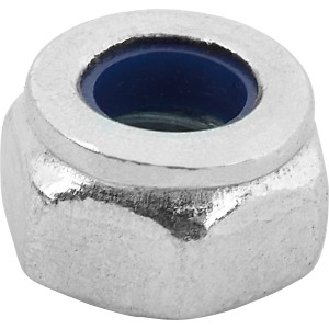 Nahaufnahme: LUX Sicherungsmutter M8, verzinkt, mit blauem Sicherungsring. 100er Pack.