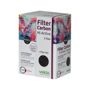 Velda Filter Carbon Hi-Active 5 Liter Box mit Aktivkohle für Teichfilter. Schwarze Pellets sind sichtbar.