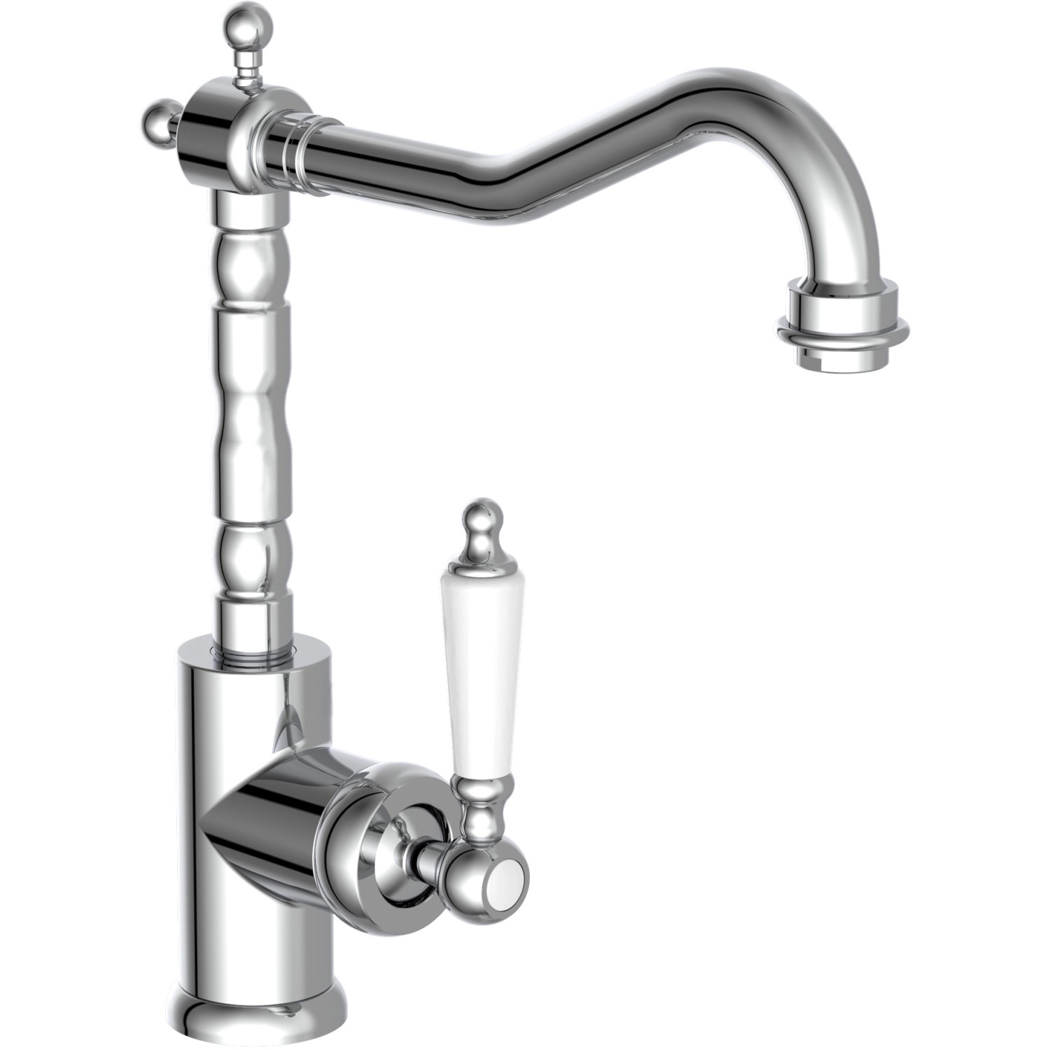 Verchromte Schütte Küchenarmatur Old Style mit hohem Auslauf und weißem Griff.