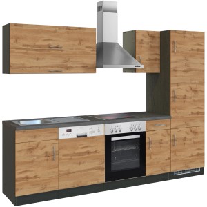 Moderne Küchenzeile Sorrento 270 cm in Wotaneiche-Grafit mit E-Geräten und Spüle.