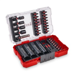 Einhell Impact Bit Steckschlüssel Set, 35-teilig, im roten Koffer mit transparentem Deckel.