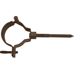 Braune Fallrohrschelle NW 80 (RAL 8028) zur Befestigung von Metall-Dachrinnen.