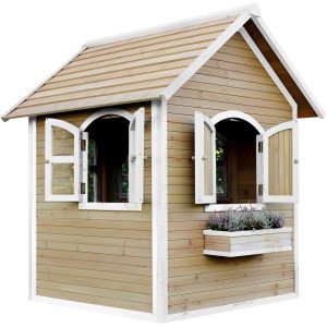 Axi Julia Spielhaus aus Holz in Braun und Weiß mit Fensterläden und Blumenkasten.