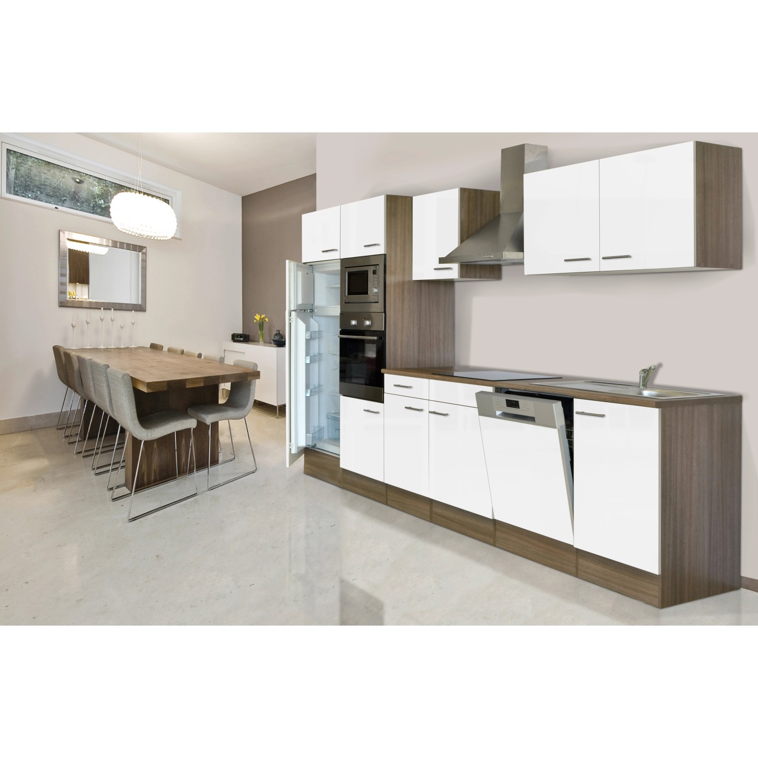 Respekta Küchenzeile KB340EYWMIGKE, 340 cm, Weiß Seidenglanz/Eiche York Nachbildung, mit E-Geräten.