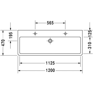Draufsicht: Weißes Duravit Einbauwaschbecken Vero, 120 cm, mit Maßangaben.