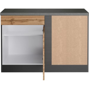 Held Möbel Küchen-Eckschrank Turin, 120 cm, Wotaneiche/Graphit, mit offener Tür und Einlegeboden.