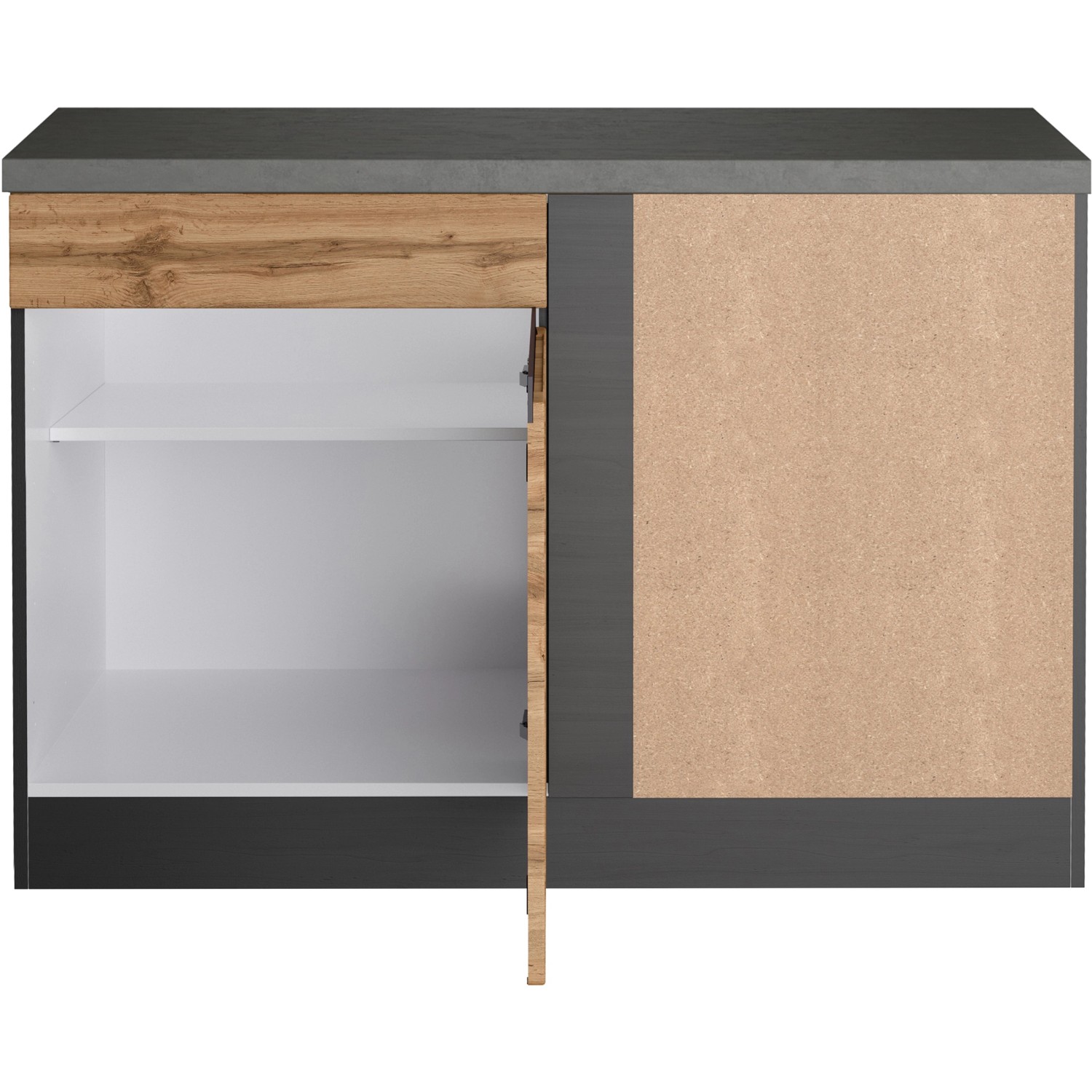 Held Möbel Küchen-Eckschrank Turin, 120 cm, Wotaneiche/Graphit, mit offener Tür und Einlegeboden.
