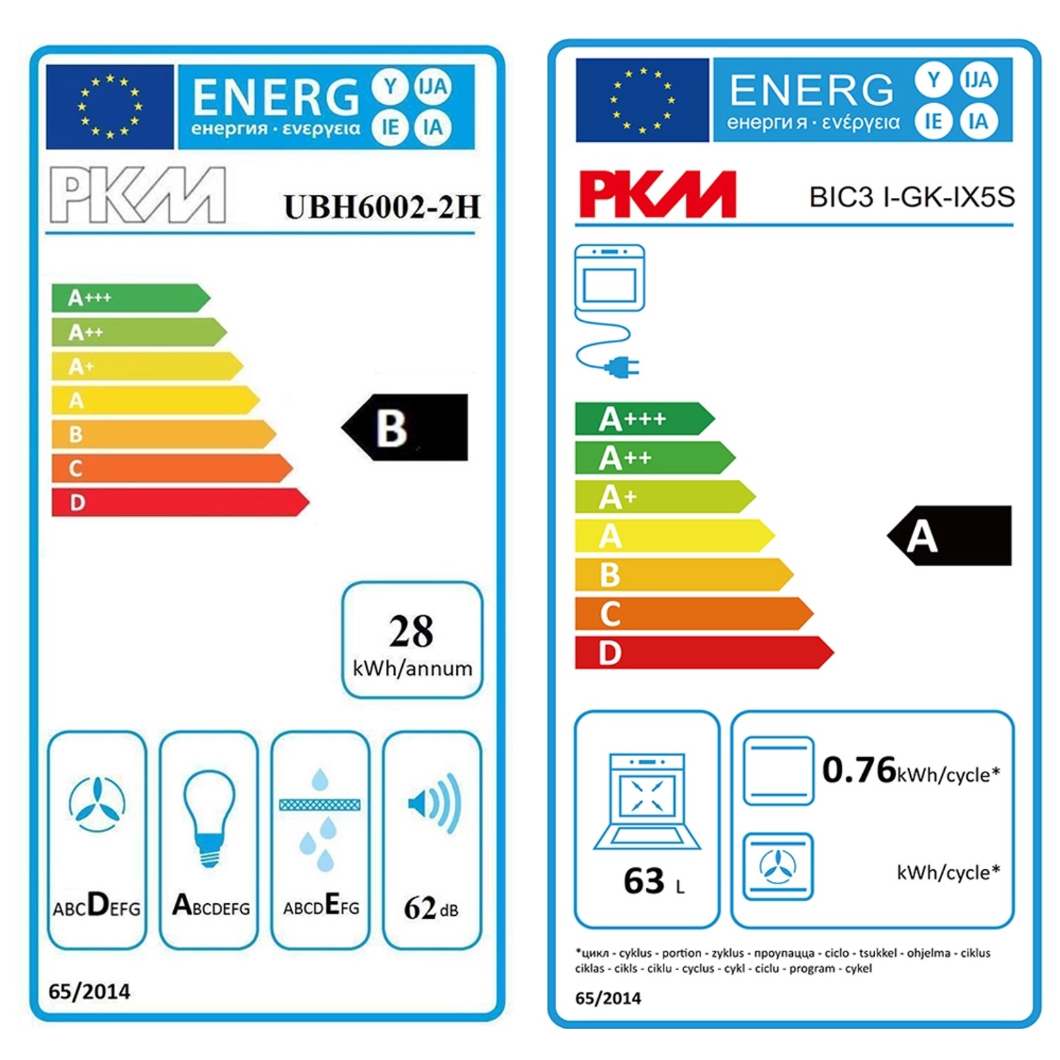 Energieetiketten für PKM UBH6002-2H Dunstabzugshaube und BIC3 I-GK-IX5S Einbaubackofen.