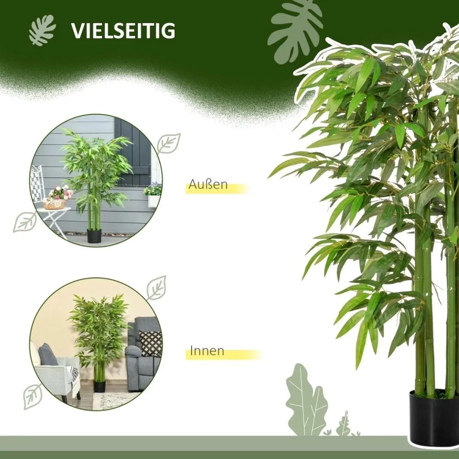 Künstlicher Bambusbaum 140 cm hoch im schwarzen Topf, mit grünen Blättern. Vielseitig für Innen & Außen.