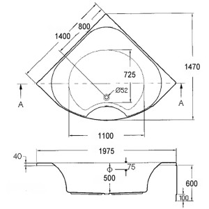 Skizze des Ottofond Whirlpool Lima Exklusiv 140 cm, weiße Eck-Badewanne mit Maßen.