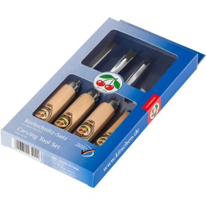 Kirschen Kerbschnitzsatz, 4-teilig im blauen Karton. Werkzeug mit Holzgriffen und Stahlklingen.