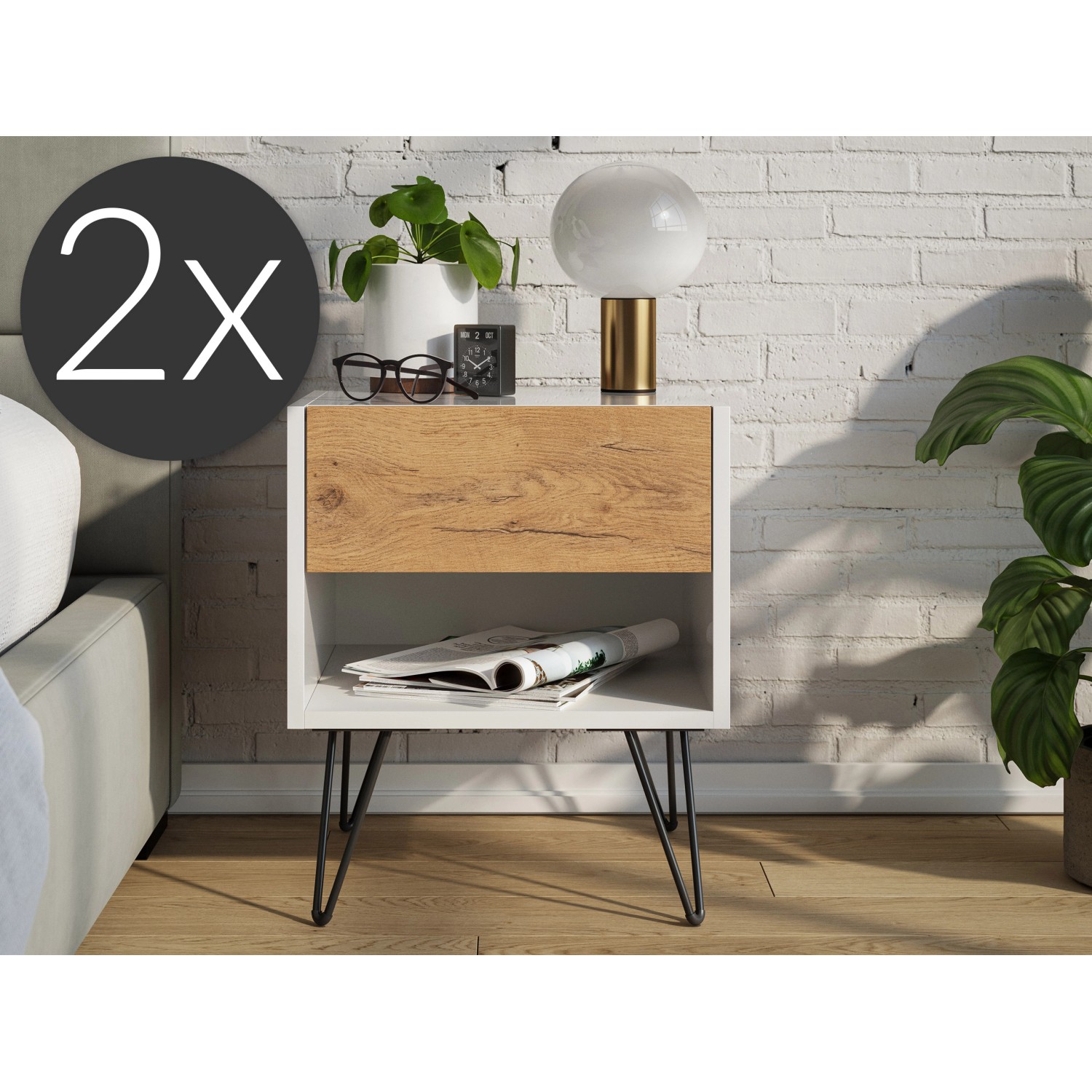 Posseik Nachttisch-Set Industrial B, 2-teilig, weiß/Eiche mit Metallfüßen.