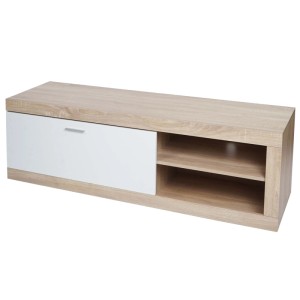 TV-Rack MCW L33 in Eiche-Optik mit weißer Tür und offenen Fächern, 43x140x41cm.