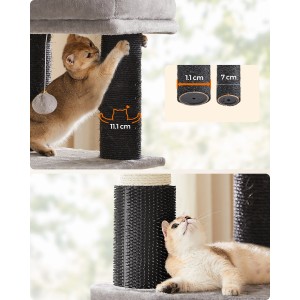 Grauer Feandrea Kratzbaum mit Sisalsäulen, Katzenbürsten und Liegemulde für Katzen.