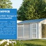 Timbela Garage Premium M990B aus Holz, naturbelassen, mit Rolltor und Dach im Garten.