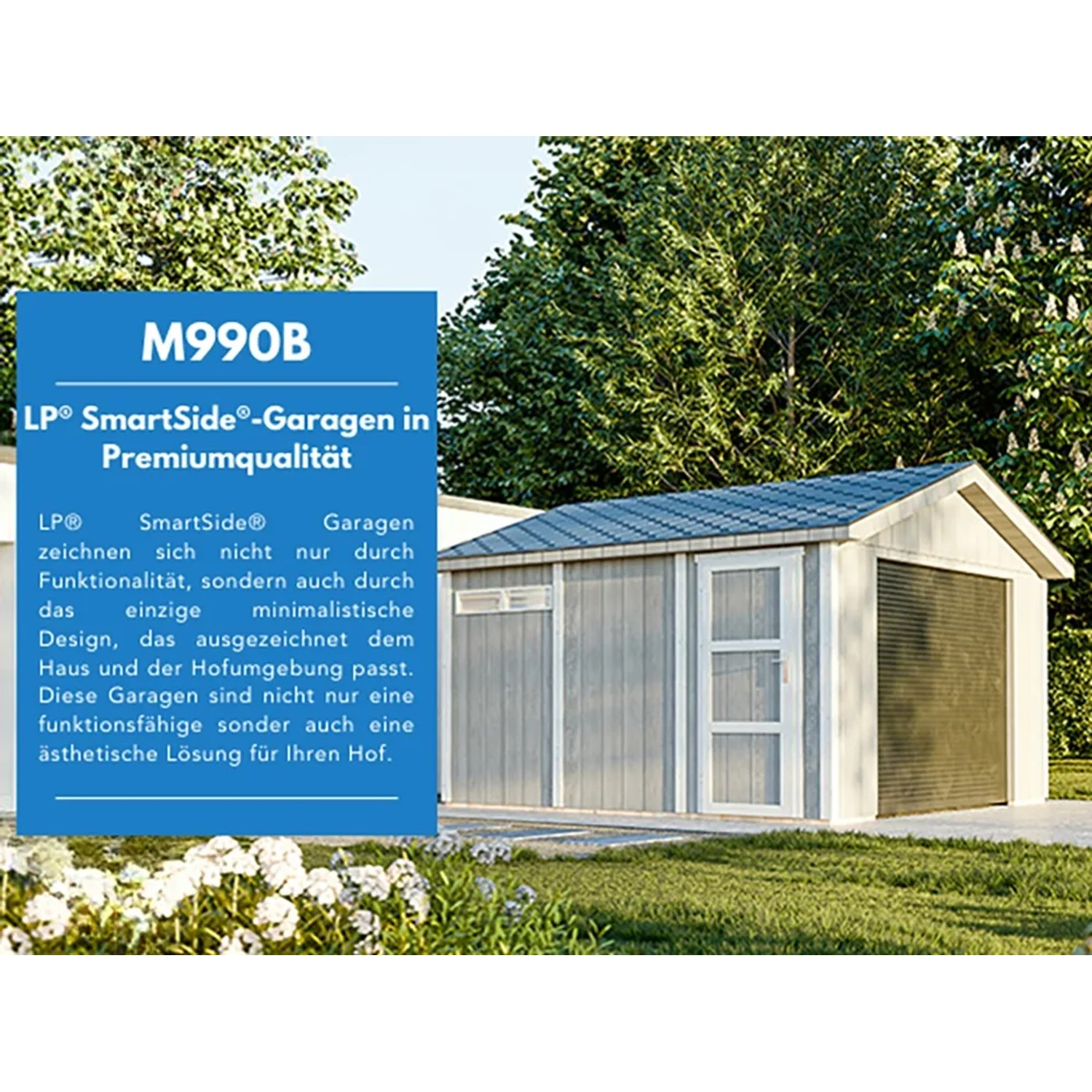 Timbela Garage Premium M990B aus Holz, naturbelassen, mit Rolltor und Dach im Garten.