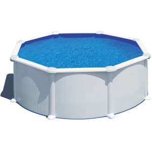 Runder, weißer Gre Stahlwand-Pool Atlantis, Ø 350 cm x 132 cm, gefüllt mit blauem Wasser.