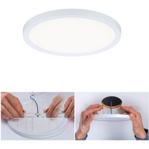 Weißes, rundes Paulmann Einbaupanel Areo VariFit, 175mm, mit Montagebeispielen.