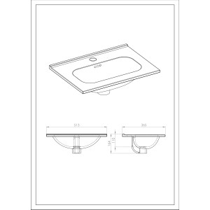 Skizze des weißen Maximus Street Einbauwaschbeckens aus Keramik, 50 cm breit, mit Hahnloch und Überlauf.