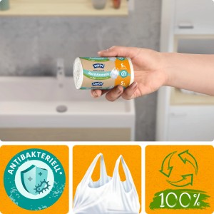 Swirl Bad & Kosmetik Müllbeutel 5L, 40 Stück mit Tragegriff. Hygienisch, reißfest und aus recyceltem Material.