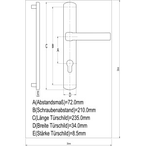 Technische Zeichnung: JM Meeth Schutzbeschlag für Nebeneingangstür aus Holz, silberfarben, mit Maßangaben.