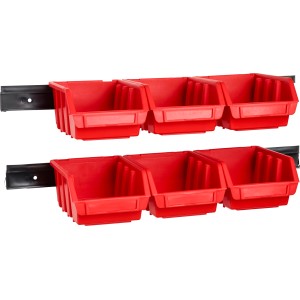 6 rote LUX Lagersichtboxen Größe 2 an Wandmontageschienen. Aufbewahrungssysteme für Kleinteile.
