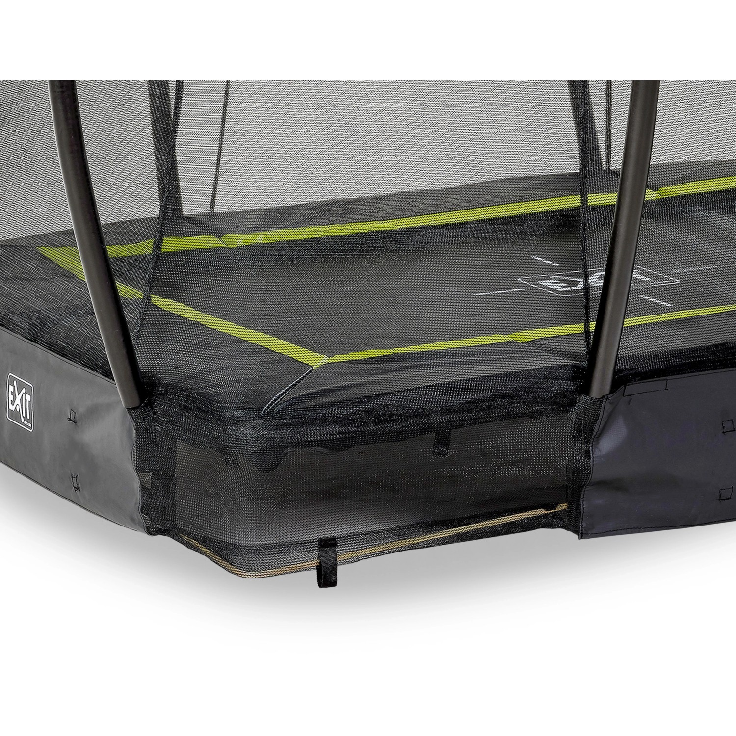 Detailaufnahme: Schwarzes EXIT Silhouette Bodentrampolin (153x214 cm) mit Sicherheitsnetz.