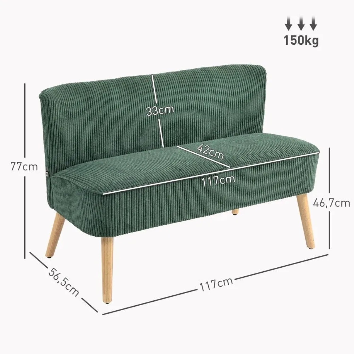 Grünes HOMCOM 2-Sitzer Sofa, moderne Couch mit Holzbeinen. Maße: 117x56,5x77 cm, 150kg Tragkraft.