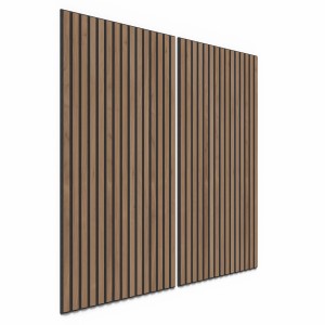 Zwei Akustikpaneele Walnuss mit schwarzen Filzstreifen, 60x120 cm, zur Wand- und Deckenverkleidung.
