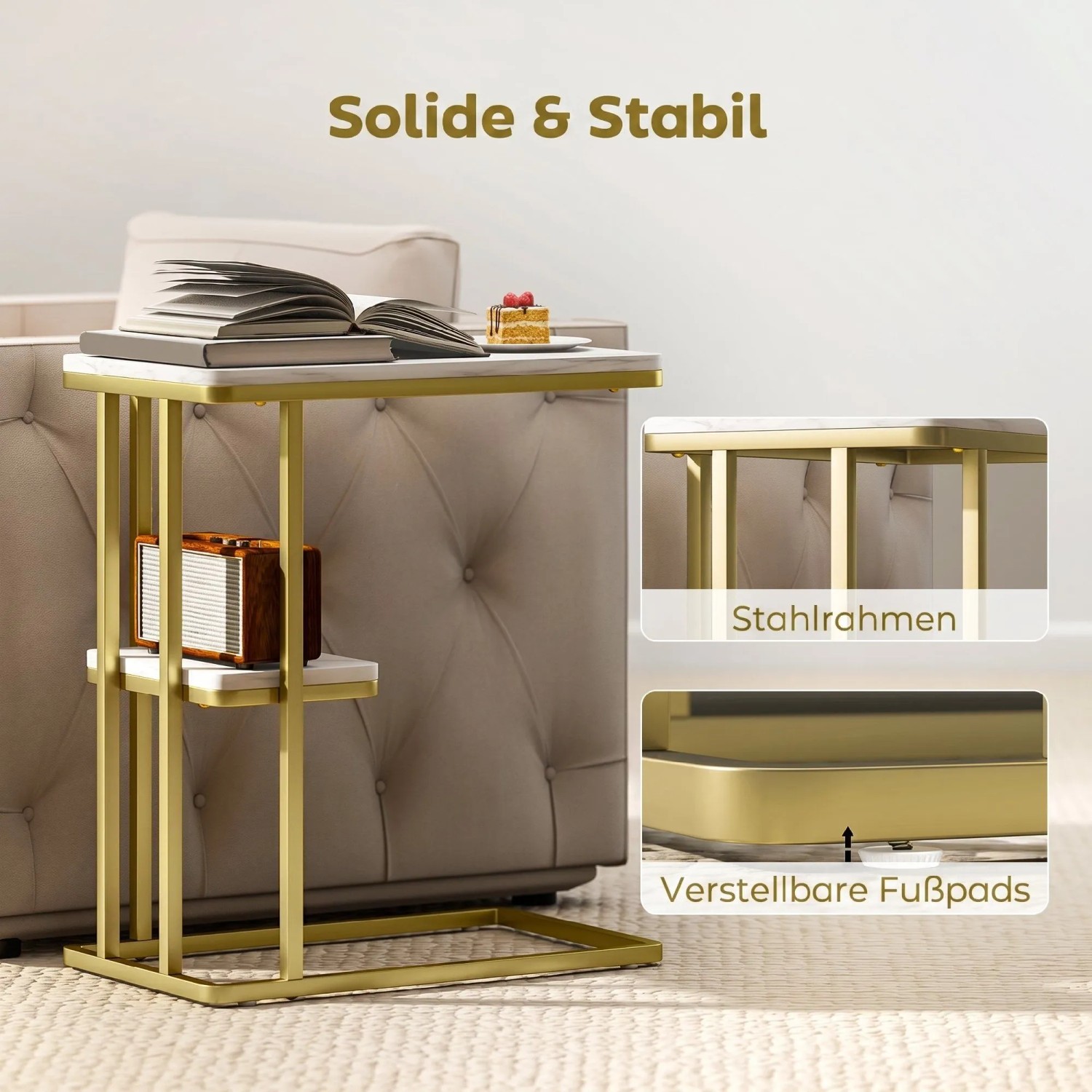 HOMCOM Beistelltisch weiß-gold, Marmoroptik, C-förmiger Stahlrahmen, 2 Ablagen, robust, neben Sofa.