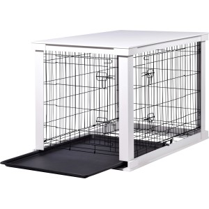 Weiße Hundebox Indoor mit Tischoberfläche, 110x73x76cm, mit herausziehbarer Wanne.