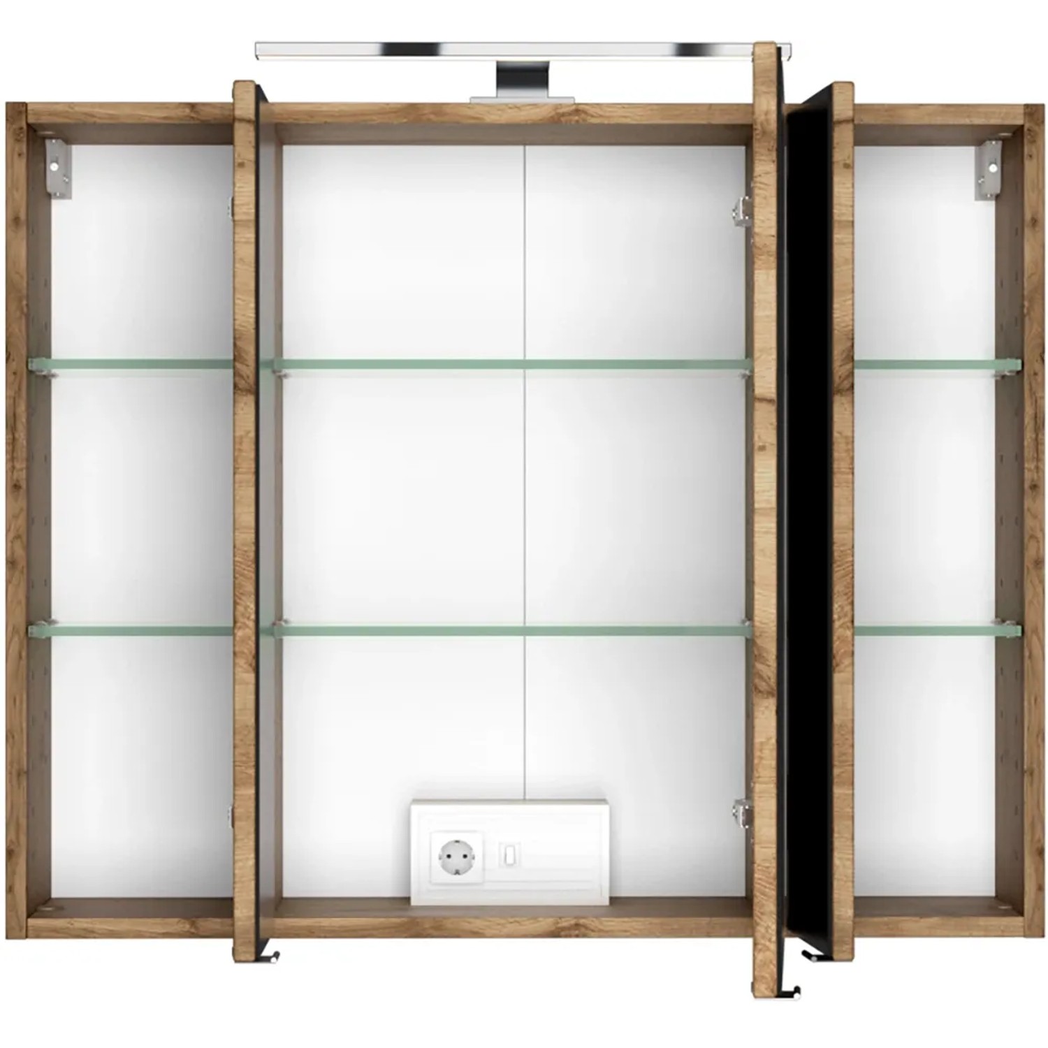 Held Möbel 3D-Spiegelschrank Bari 80 cm in Wotaneiche mit LED-Leuchte und Glasböden.