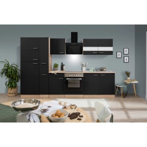 Respekta Küchenzeile KB300ESSCGKE, 300 cm, Schwarz/Eiche Sägerau Nachbildung mit E-Geräten.