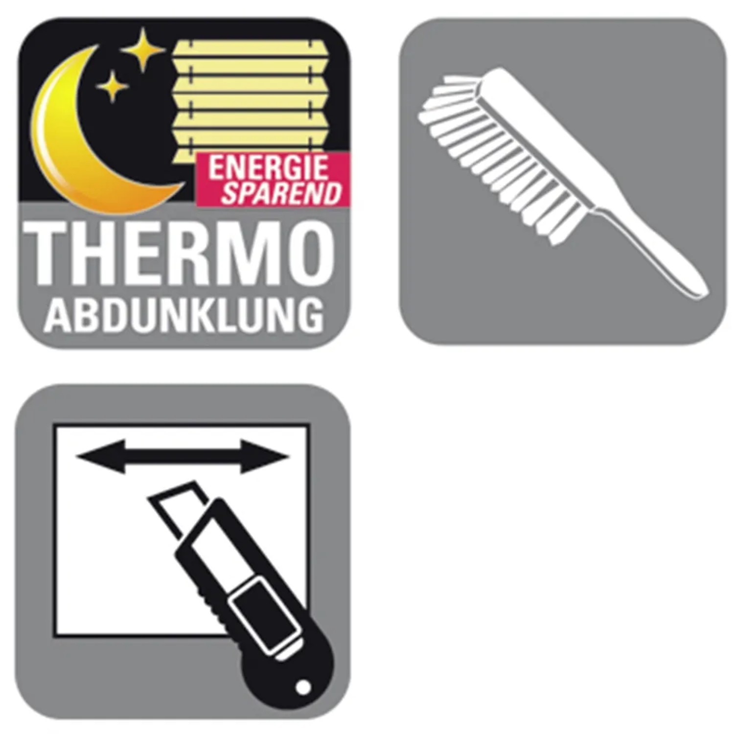 Piktogramme für Gardinia EasyFix Thermo-Plissee: Abdunklung, Thermoisolierung, einfache Montage.