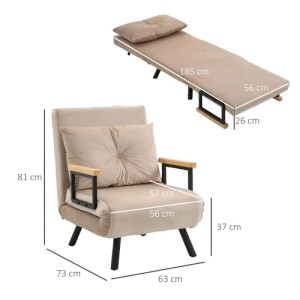 Beiges HOMCOM Schlafsofa mit Rückenkissen, als Sessel und ausgeklapptes Bett. Platzsparendes Möbelstück.