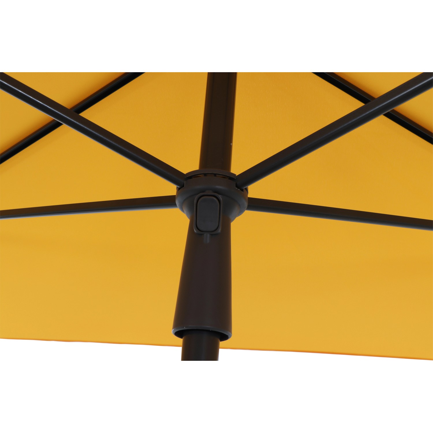 Detailaufnahme: Gelber Siena Garden Marktschirm mit Knickfunktion, Fokus auf Mechanismus.
