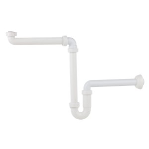 Weißer Raumspar-Siphon für Waschtisch, 41,9 mm (1 1/4) x 32 mm, aus Kunststoff.