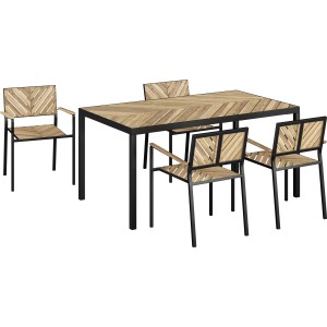 Gartenset: Tisch und vier Ovando Gartensessel mit Armlehnen aus Akazienholz und Stahl.