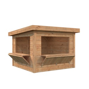 Palmako Marktstand Lenna Set, braun, mit zwei geöffneten Verkaufsklappen. Holz, 300x300 cm.