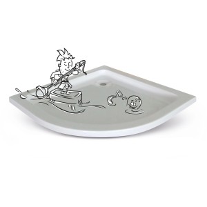 Cartoon-Darstellung: Baliv Viertelkreis-Duschwanne 80x80 cm, weiße Acryl-Duschtasse mit Comicfiguren.