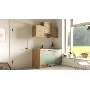 Flex-Well Singleküche Cara, 150 cm, Schilfgrün/Artisan Eiche, mit Kühlgerät und Kochfeld.