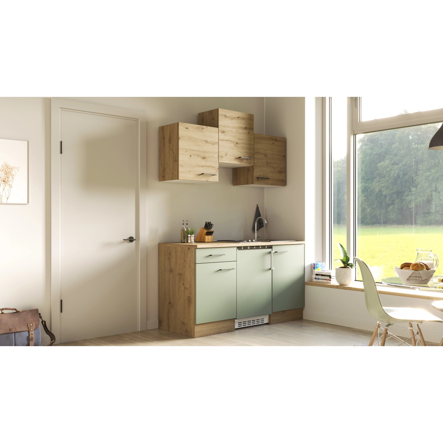 Flex-Well Singleküche Cara, 150 cm, Schilfgrün/Artisan Eiche, mit Kühlgerät und Kochfeld.