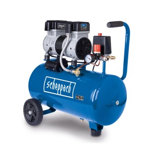 Blauer Scheppach Super Silent HC26Si Kompressor mit 24-Liter-Kessel und Tragegriff.