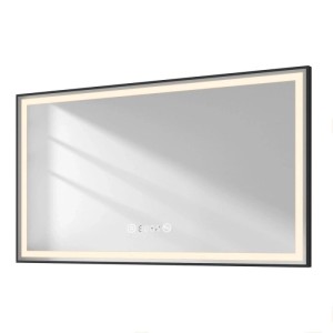 Rechteckiger Emke Badspiegel 120x70cm mit schwarzem Rahmen, dimmbarer LED-Beleuchtung, Touch, Uhr und Temperaturanzeige.