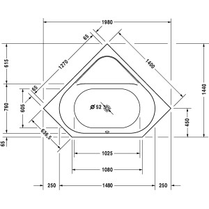 Technische Zeichnung: Duravit D-Code Eckbadewanne, 140x140 cm, Einbauversion, Maße und Details.