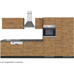 Komplette Küchenzeile Sorrento 360 cm in Wotaneiche-Grafit mit E-Geräten wie Herd, Ofen und Spüle.